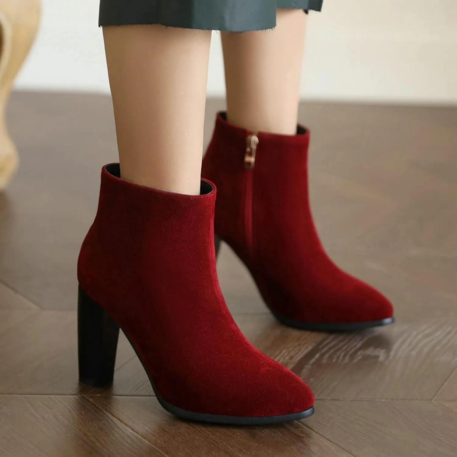KysBloes Women Faux Suede Pointed Toe Ankle Boots Block High Heel Booties Side Zip Winter Shoes