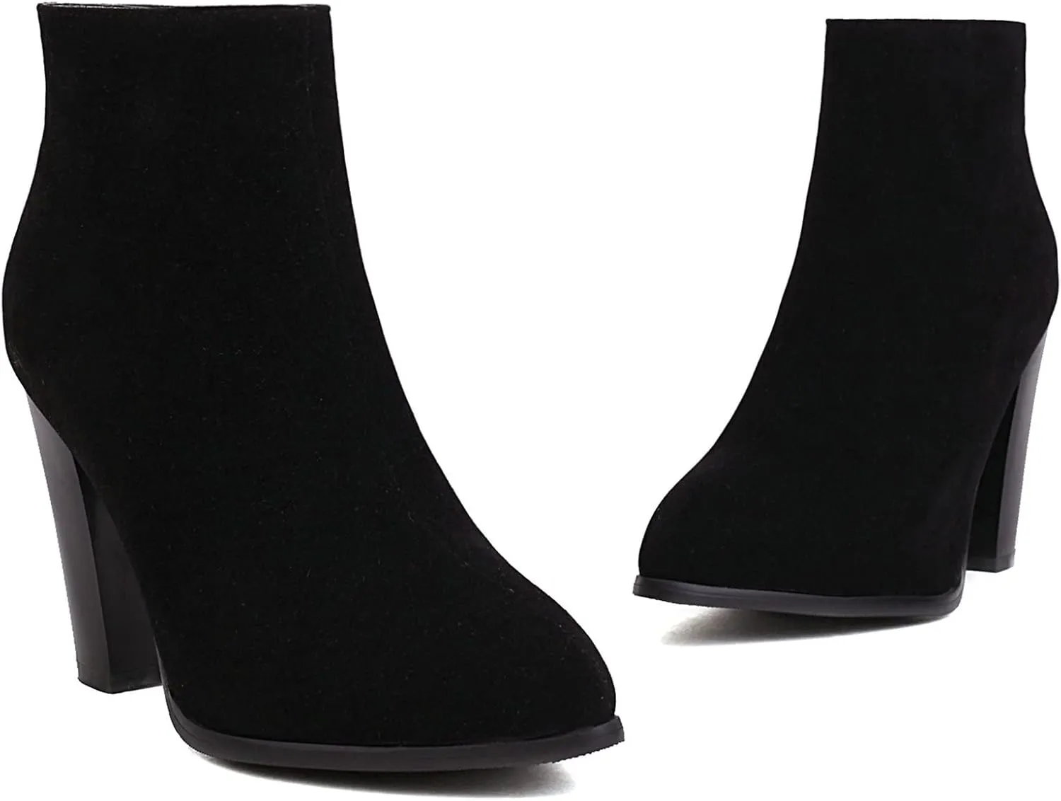 KysBloes Women Faux Suede Pointed Toe Ankle Boots Block High Heel Booties Side Zip Winter Shoes
