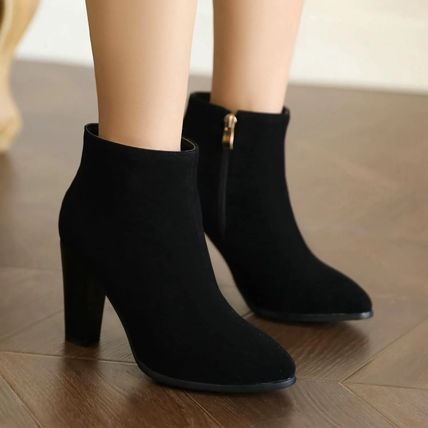 KysBloes Women Faux Suede Pointed Toe Ankle Boots Block High Heel Booties Side Zip Winter Shoes