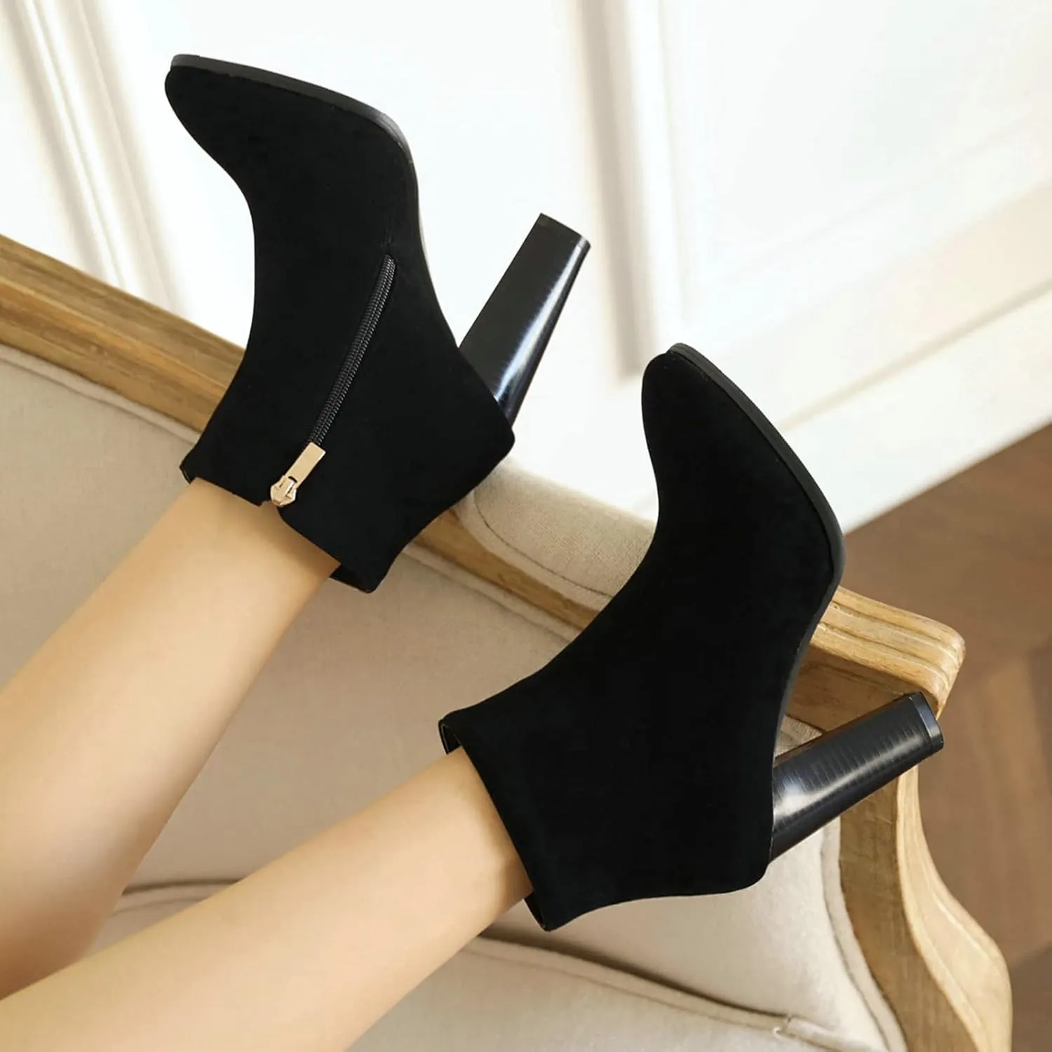 KysBloes Women Faux Suede Pointed Toe Ankle Boots Block High Heel Booties Side Zip Winter Shoes