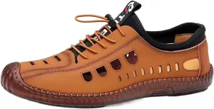 Lace-up Hollow Out Business Loafers for Men's Round top Low Top Leather Casual Sandal Shoes Slip On Flat Heel Soft Sole Oxfords (Color : Brown, Size : 8.5 US)