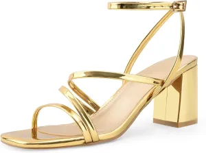 LACUONE Strappy Heels for women Block Heels Square Toe Chunky Ankle Buckle Pump Heeled Sandals