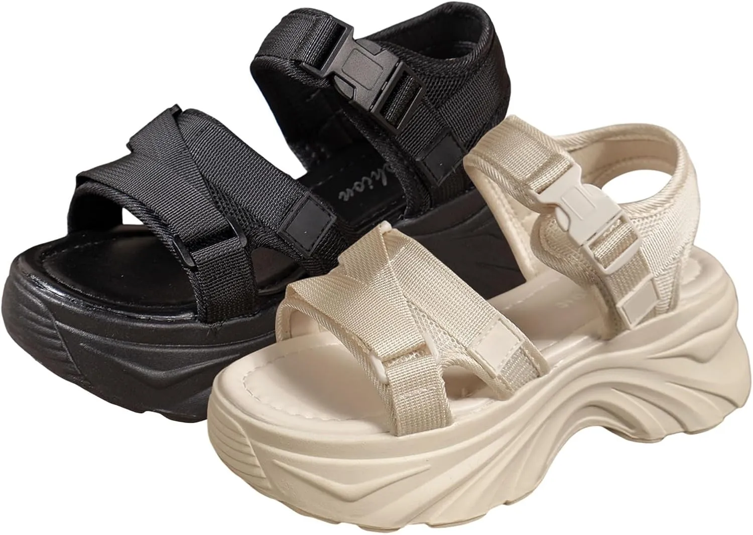 Ladies Casual Solid Color Thick Bottom High Heel Buckle Large Size Sports Sandals Cute Summer Shoes Women