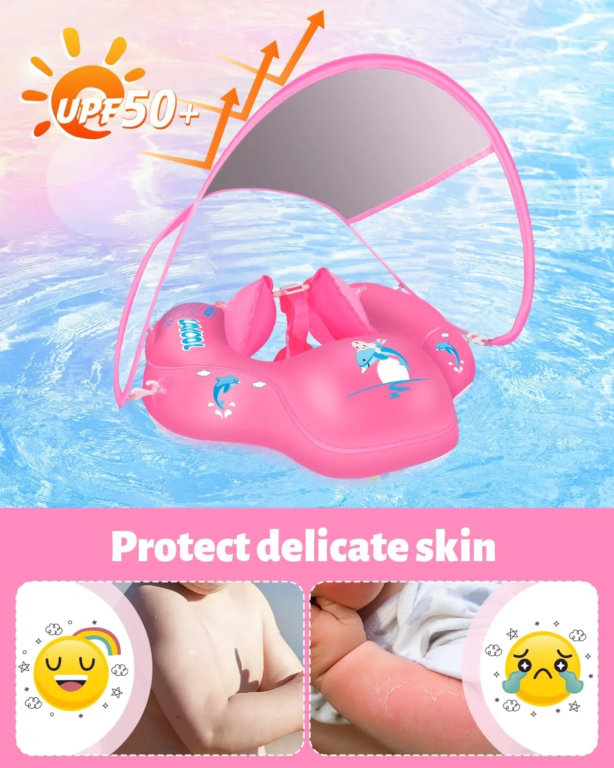 LAYCOL Baby Swimming Float Inflatable Baby Pool Float Ring with Sun Protection Canopy,add Tail no flip Over for Age of 3-36 Months