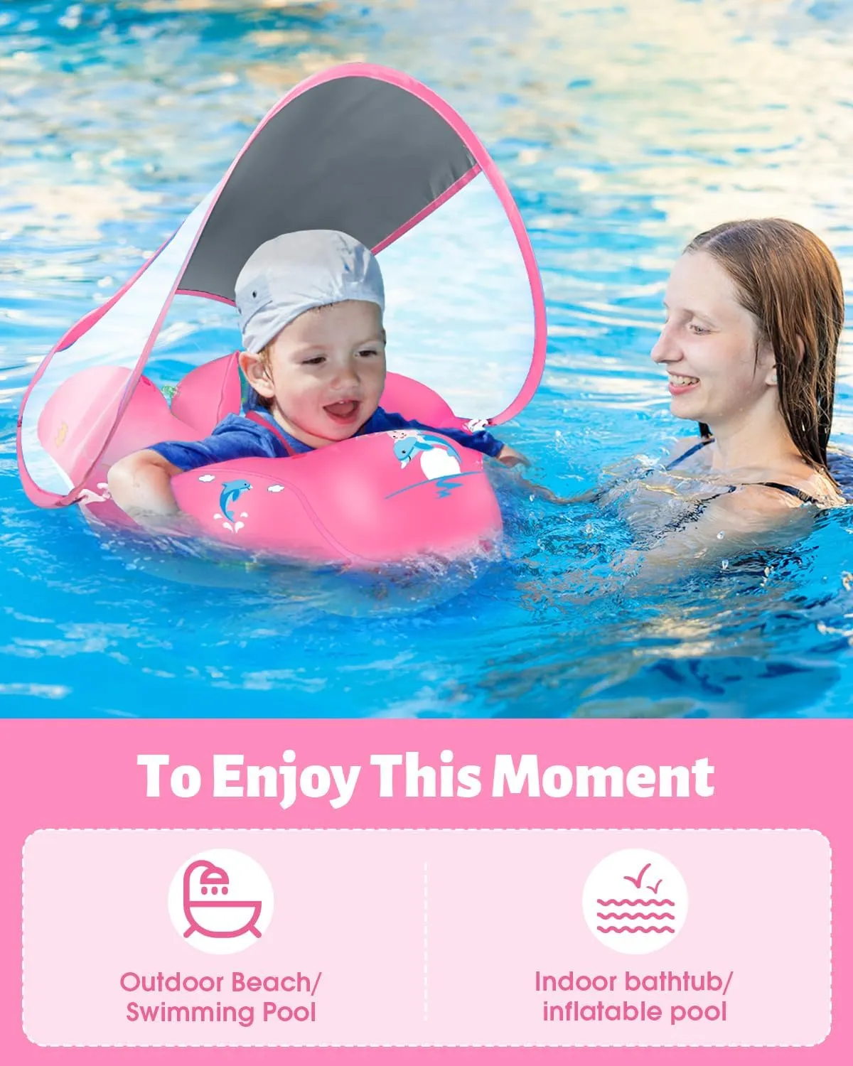 LAYCOL Baby Swimming Float Inflatable Baby Pool Float Ring with Sun Protection Canopy,add Tail no flip Over for Age of 3-36 Months