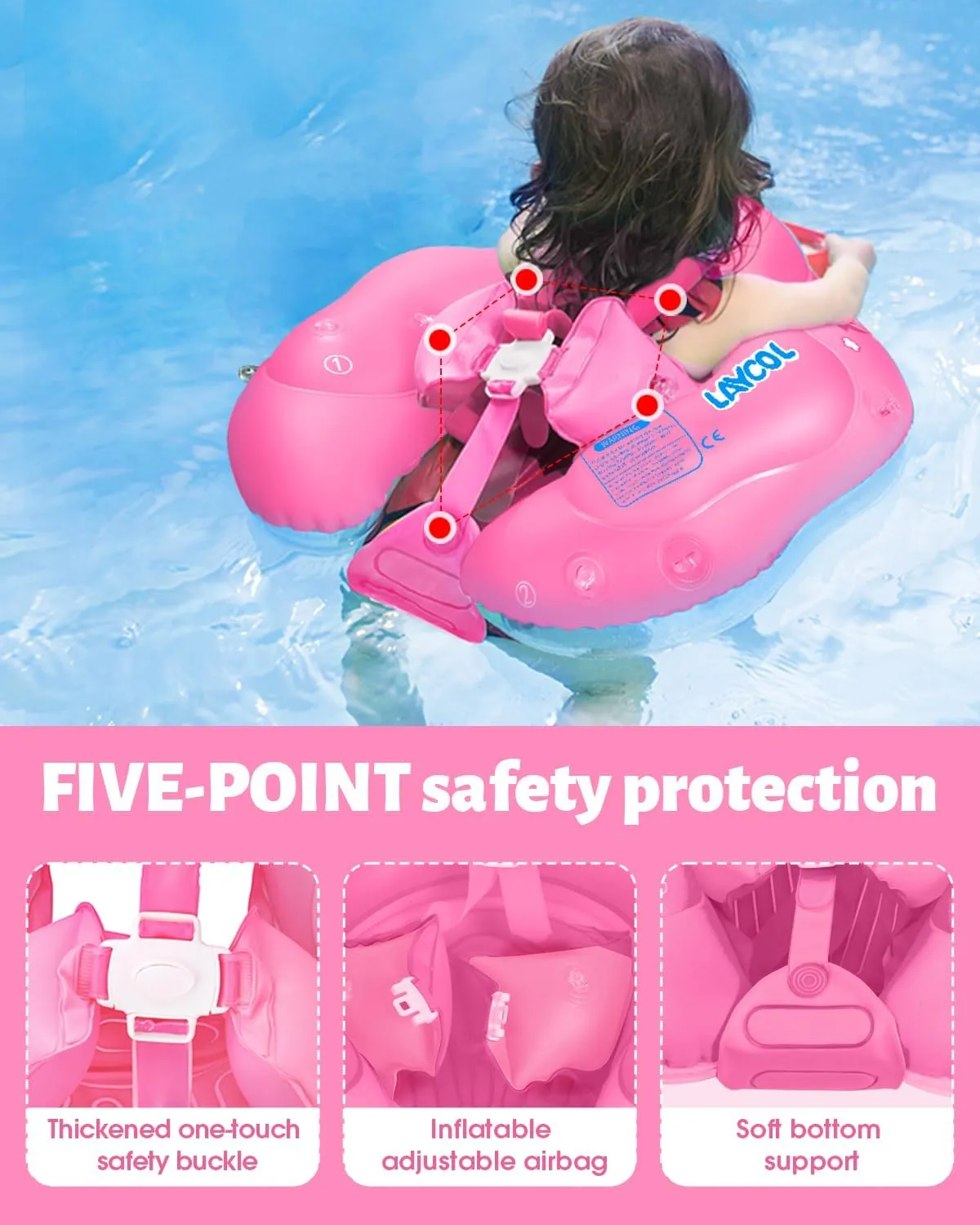 LAYCOL Baby Swimming Float Inflatable Baby Pool Float Ring with Sun Protection Canopy,add Tail no flip Over for Age of 3-36 Months
