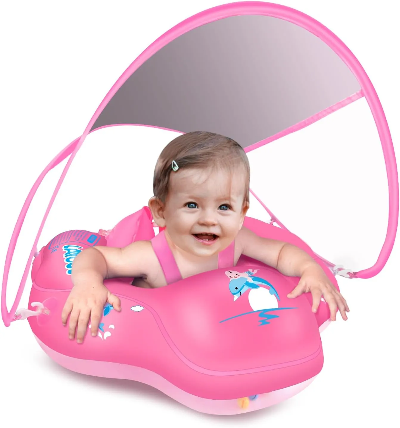 LAYCOL Baby Swimming Float Inflatable Baby Pool Float Ring with Sun Protection Canopy,add Tail no flip Over for Age of 3-36 Months