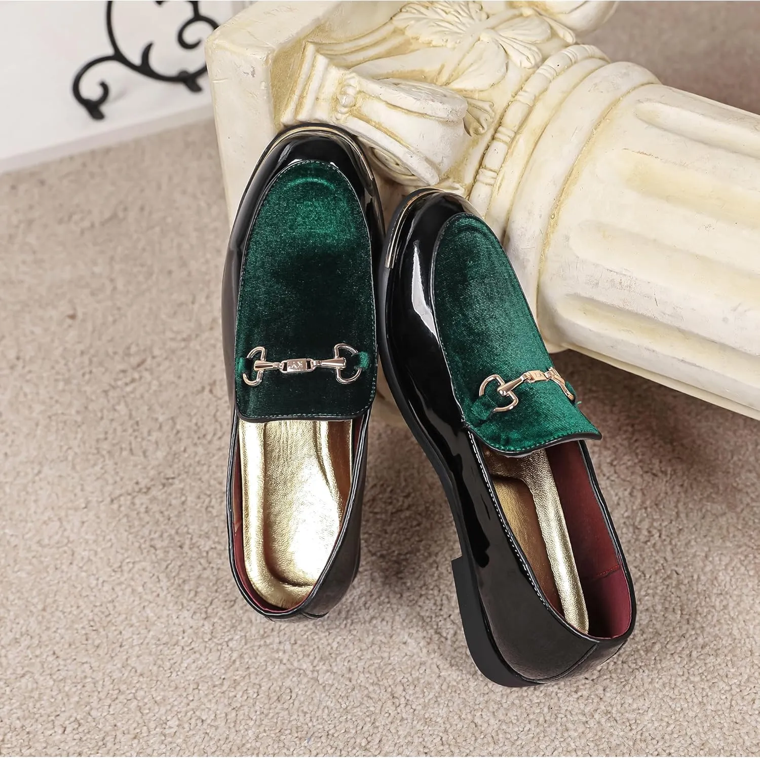 LCQL Men's Luxury Velvet Loafers Patent Leather Oxford Classic Gold Buckle Business Party Prom Club Dress Shoes Size 7-13