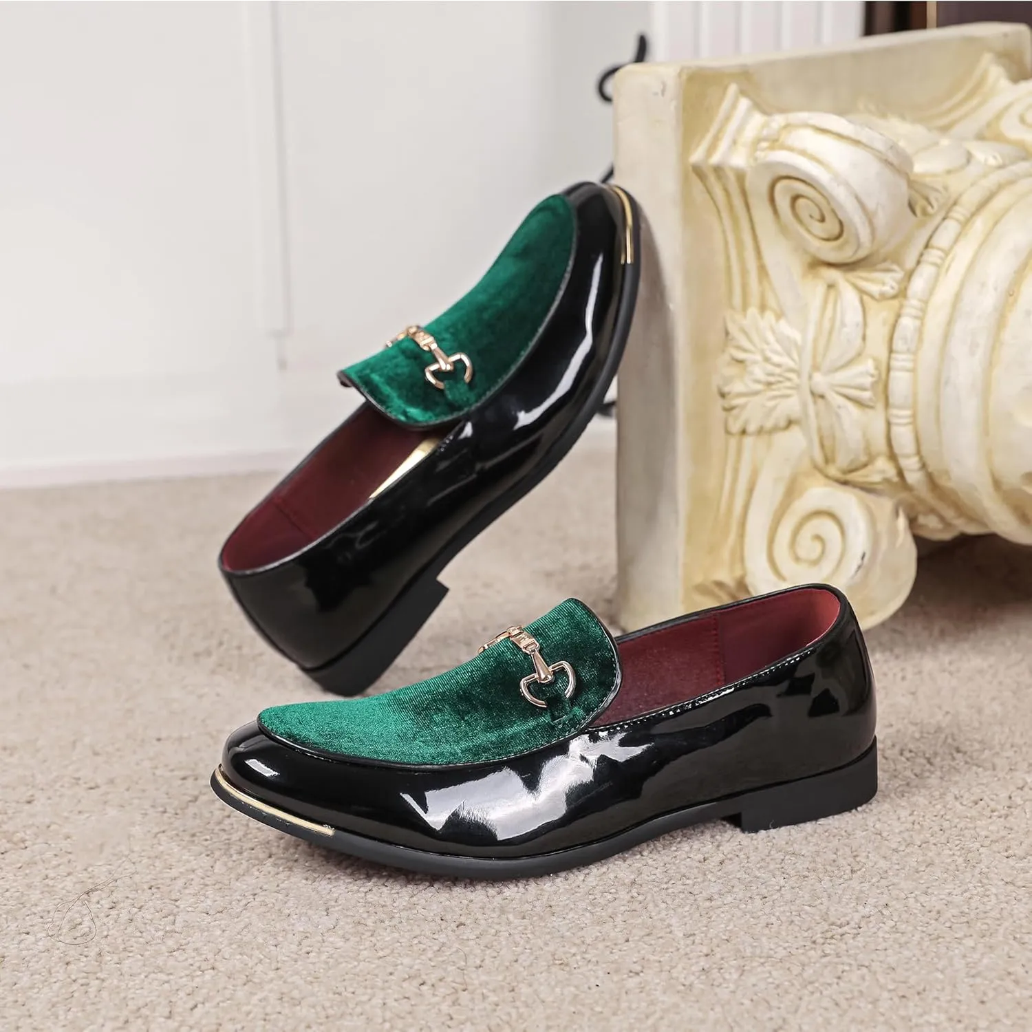 LCQL Men's Luxury Velvet Loafers Patent Leather Oxford Classic Gold Buckle Business Party Prom Club Dress Shoes Size 7-13
