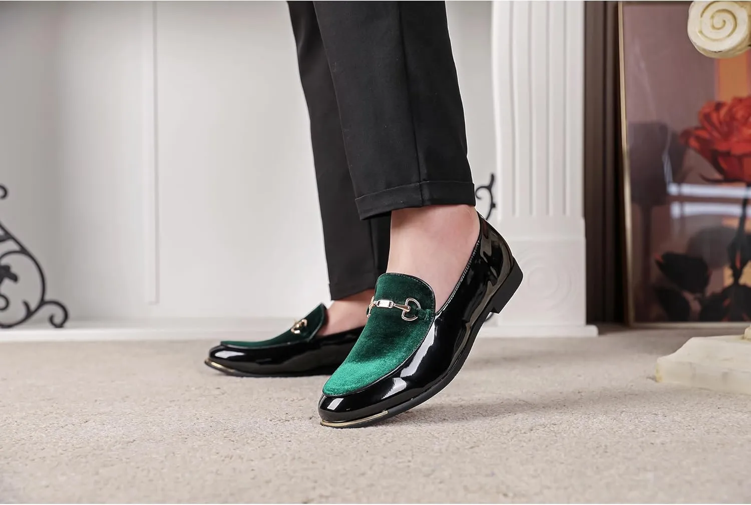 LCQL Men's Luxury Velvet Loafers Patent Leather Oxford Classic Gold Buckle Business Party Prom Club Dress Shoes Size 7-13