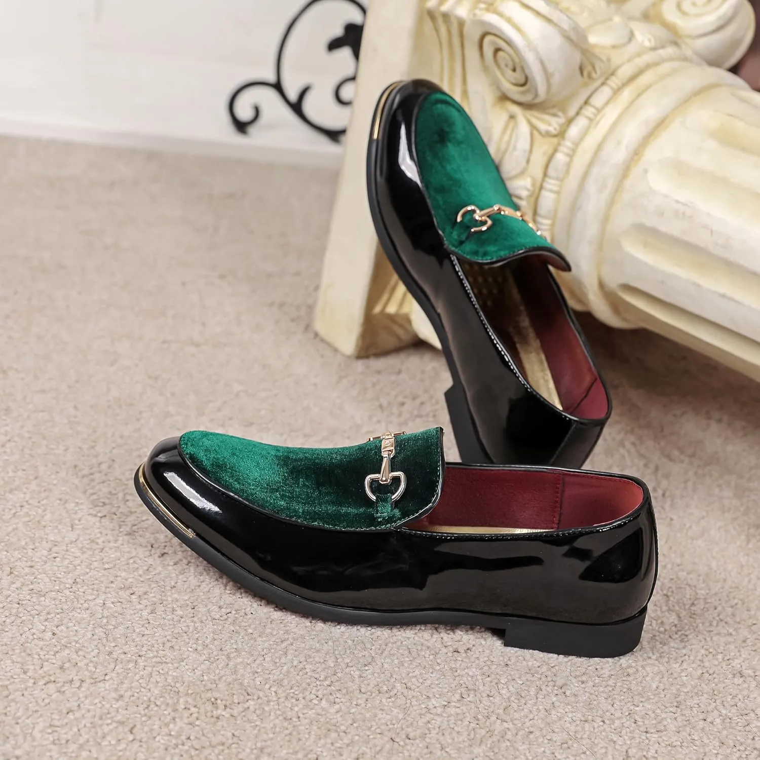 LCQL Men's Luxury Velvet Loafers Patent Leather Oxford Classic Gold Buckle Business Party Prom Club Dress Shoes Size 7-13