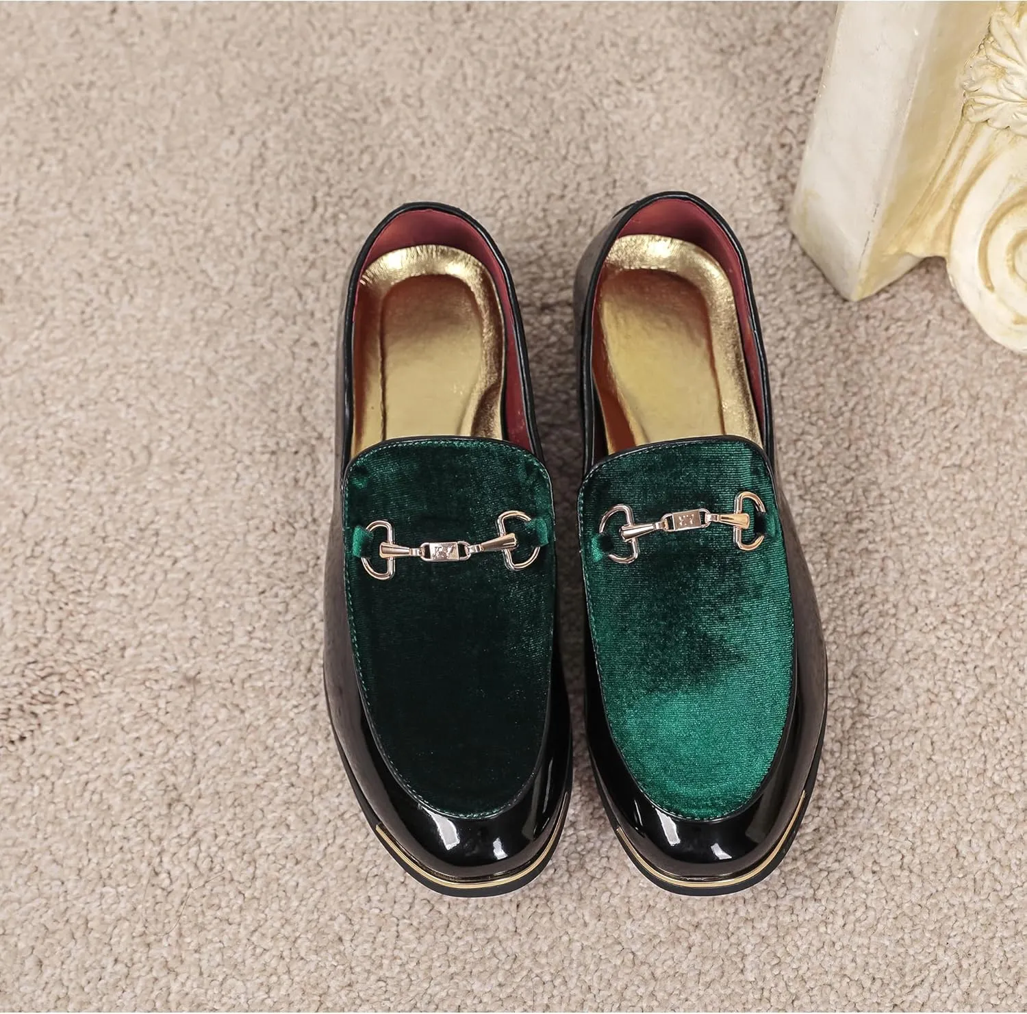 LCQL Men's Luxury Velvet Loafers Patent Leather Oxford Classic Gold Buckle Business Party Prom Club Dress Shoes Size 7-13