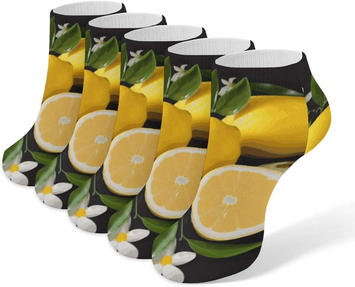 Lemon And Flower Ankle Socks for Men & Women, 5 Pairs Breathable Soft Low Cut Socks, Stretch Sweat Wicking Sox