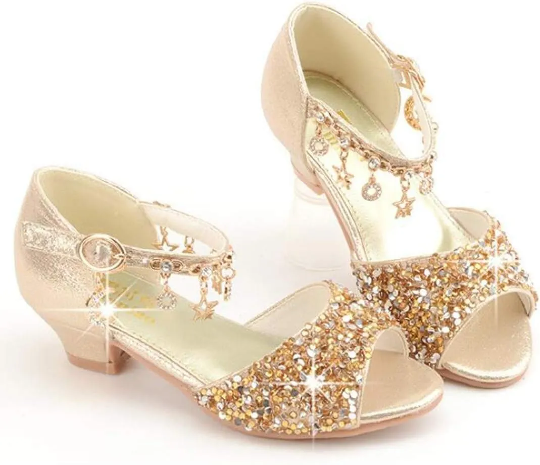 LFHT Little Kids Girls Sandals Glitter Rhinestone Dress Pumps Sequins Princess Low Heels Party Dance Shoes