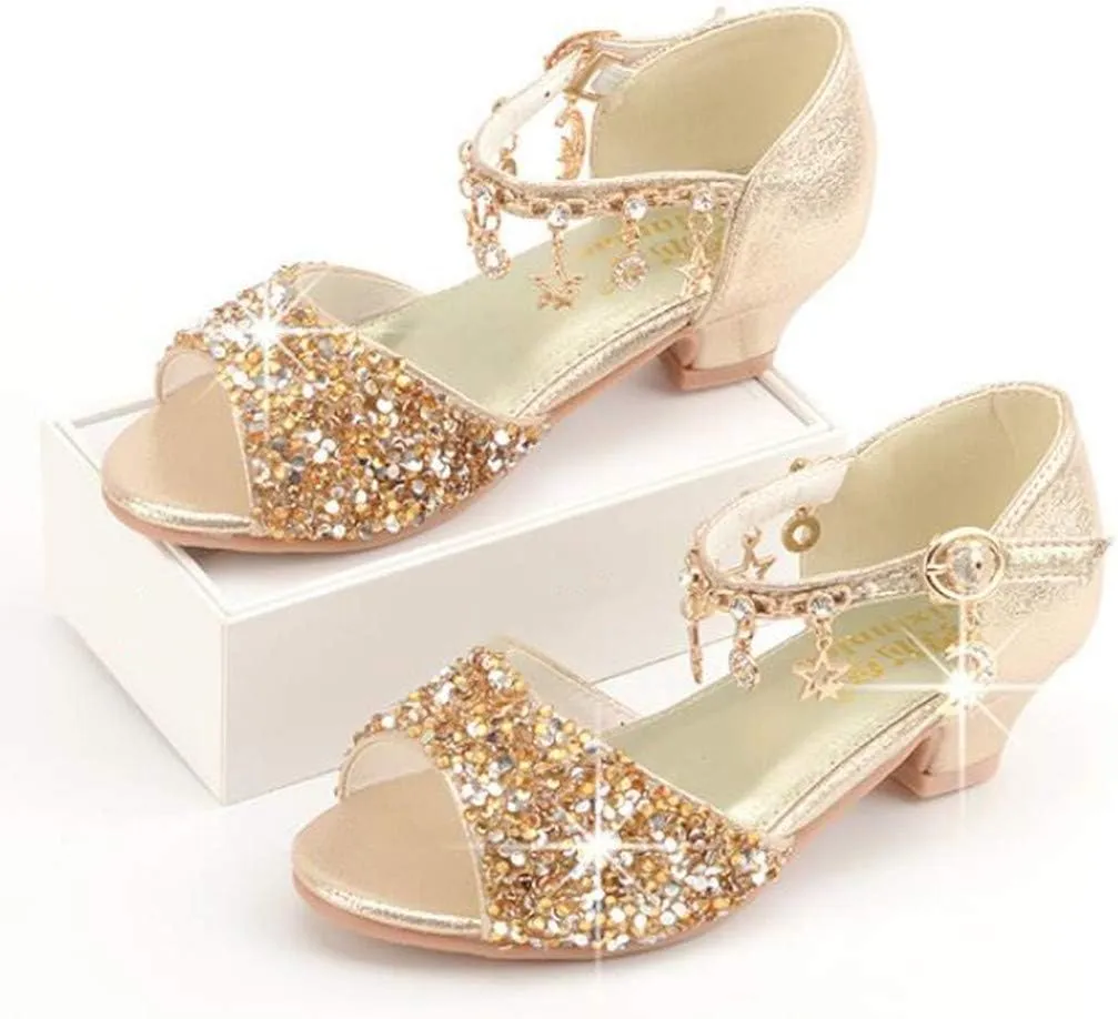 LFHT Little Kids Girls Sandals Glitter Rhinestone Dress Pumps Sequins Princess Low Heels Party Dance Shoes