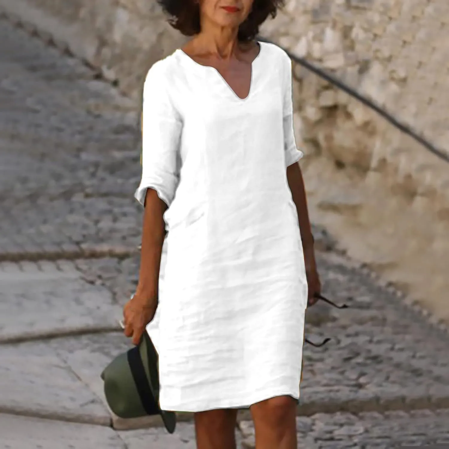 Linen Dress for Women Casual Summer 3/4 Sleeve V Neck Knee Length Elegant Dress Mini Cruise Beach Vacation Sundress