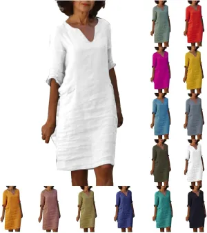 Linen Dress for Women Casual Summer 3/4 Sleeve V Neck Knee Length Elegant Dress Mini Cruise Beach Vacation Sundress