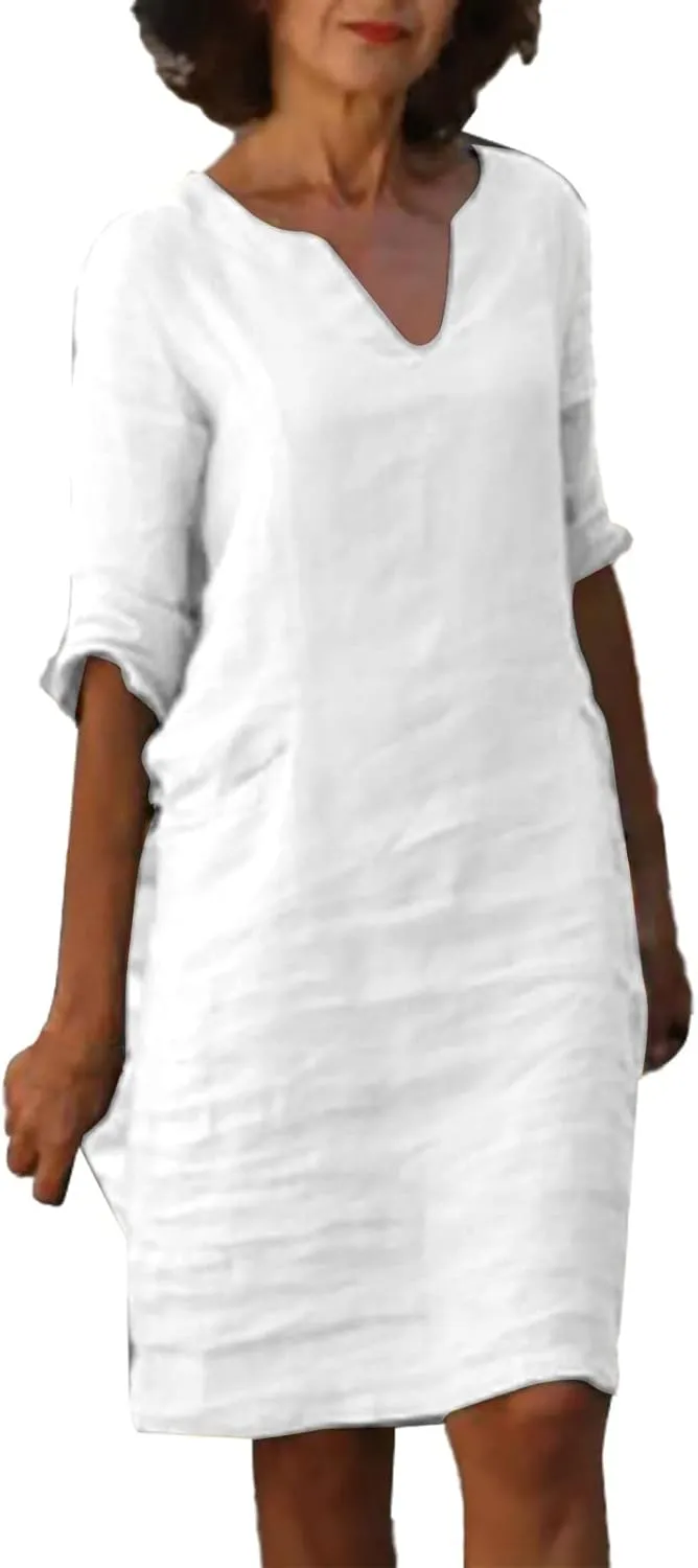 Linen Dress for Women Casual Summer 3/4 Sleeve V Neck Knee Length Elegant Dress Mini Cruise Beach Vacation Sundress