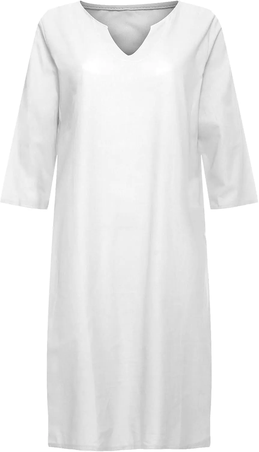 Linen Dress for Women Casual Summer 3/4 Sleeve V Neck Knee Length Elegant Dress Mini Cruise Beach Vacation Sundress