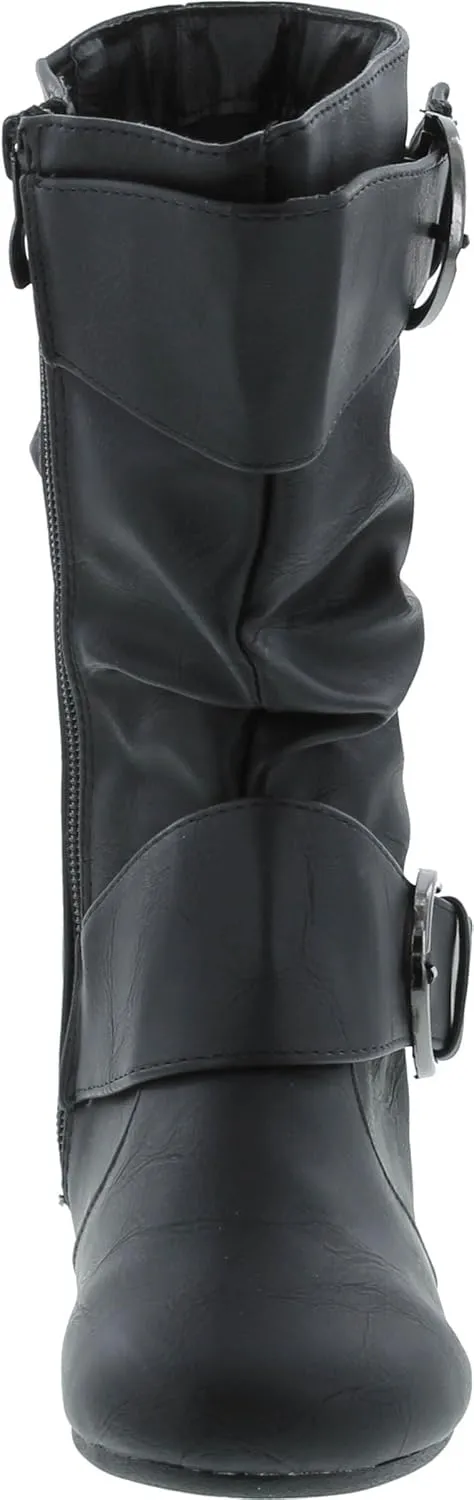 Link Klein-80K Girl's Kid's Cute Faux Leather Two Buckle Zipper Flat Heel Mid Calf Boot Shoes