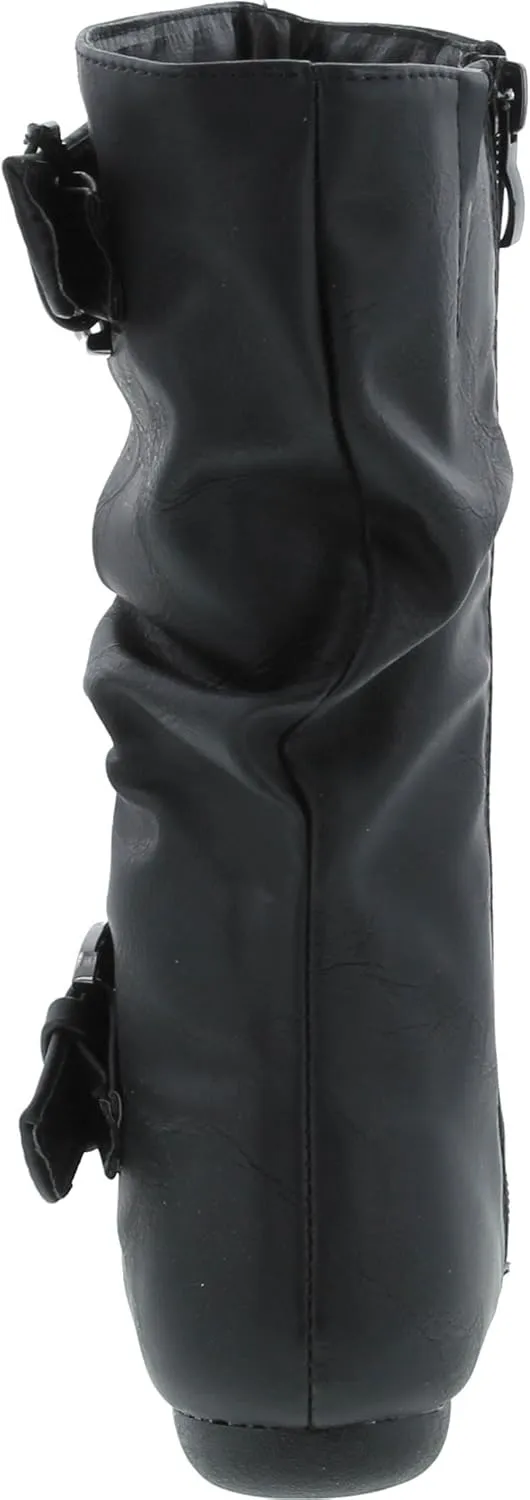Link Klein-80K Girl's Kid's Cute Faux Leather Two Buckle Zipper Flat Heel Mid Calf Boot Shoes