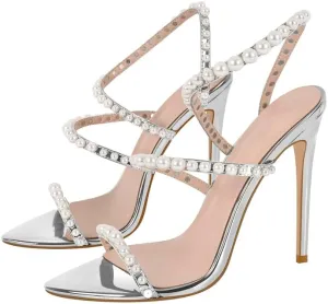 LISHAN Womens Pearl Stiletto High Heel Ankle Strap Buckle For Party Prom
