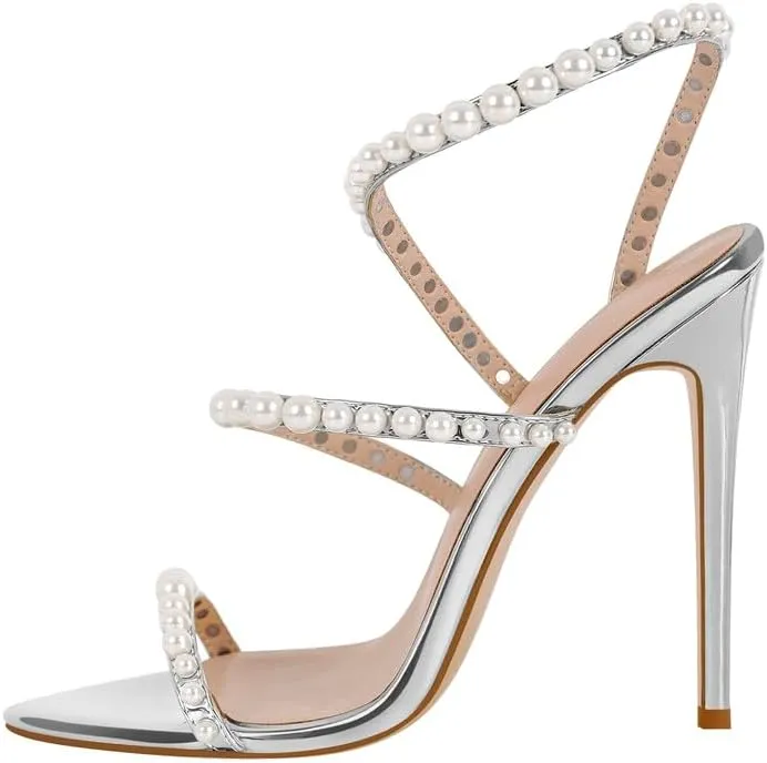LISHAN Womens Pearl Stiletto High Heel Ankle Strap Buckle For Party Prom
