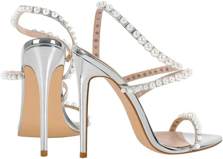 LISHAN Womens Pearl Stiletto High Heel Ankle Strap Buckle For Party Prom