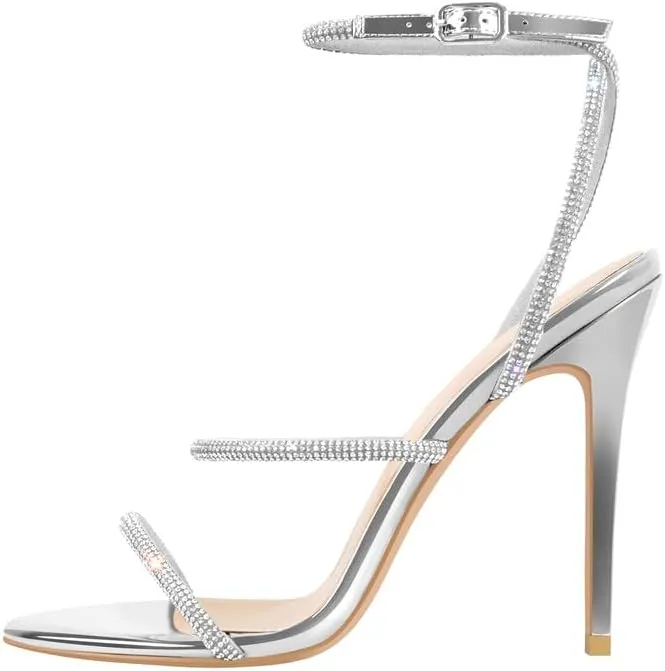 LISHAN Women's Rhinestones Studded Straps Ankle Buckle High Heels