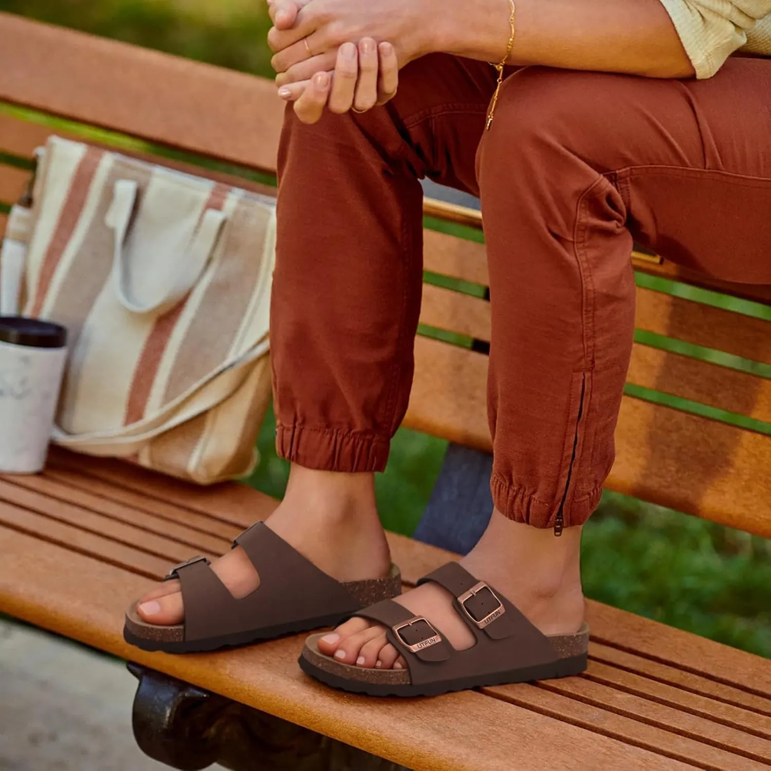 Litfun Women's Cork Footbed Sandal Summer Slip On Slide Sandals with Adjustable Buckle