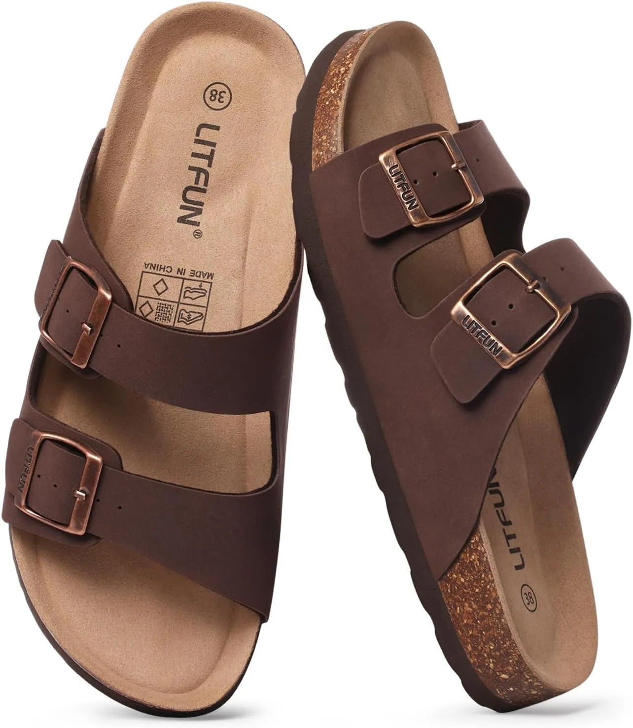 Litfun Women's Cork Footbed Sandal Summer Slip On Slide Sandals with Adjustable Buckle