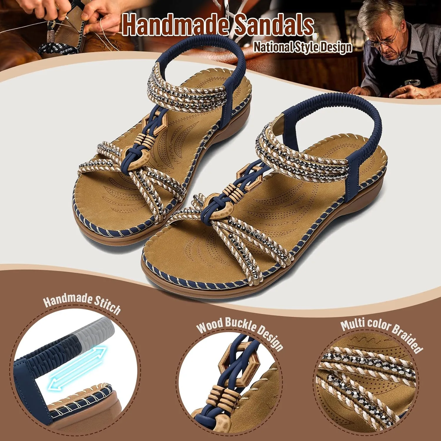Littleplum Womens Sandals Arch Support Summer Flat Slides Ankle Elastic Walking Shoes Braided Beach Dressy Sandals for Women