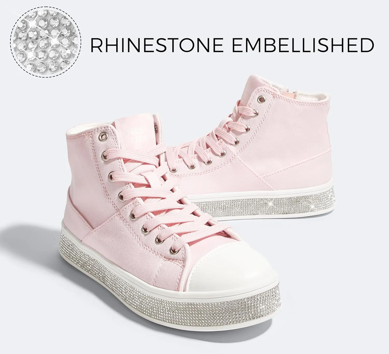 LUCKY STEP Women's High Top Canvas Sneakers Rhinestone Side Zipper Shoes Fashion Sneaker Casual Platform Ankle Boots Walking Canvas Shoes