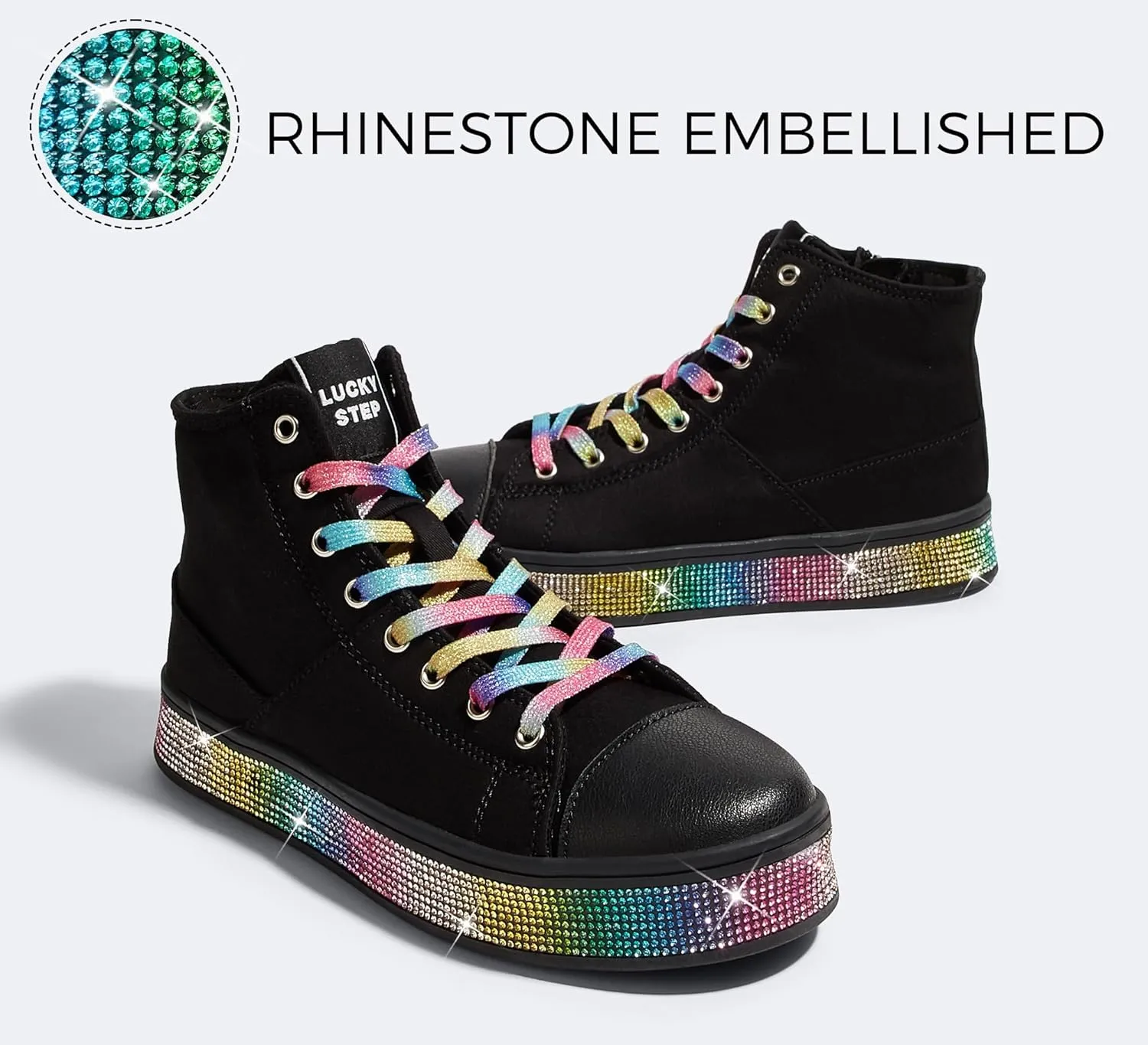 LUCKY STEP Women's High Top Canvas Sneakers Rhinestone Side Zipper Shoes Fashion Sneaker Casual Platform Ankle Boots Walking Canvas Shoes