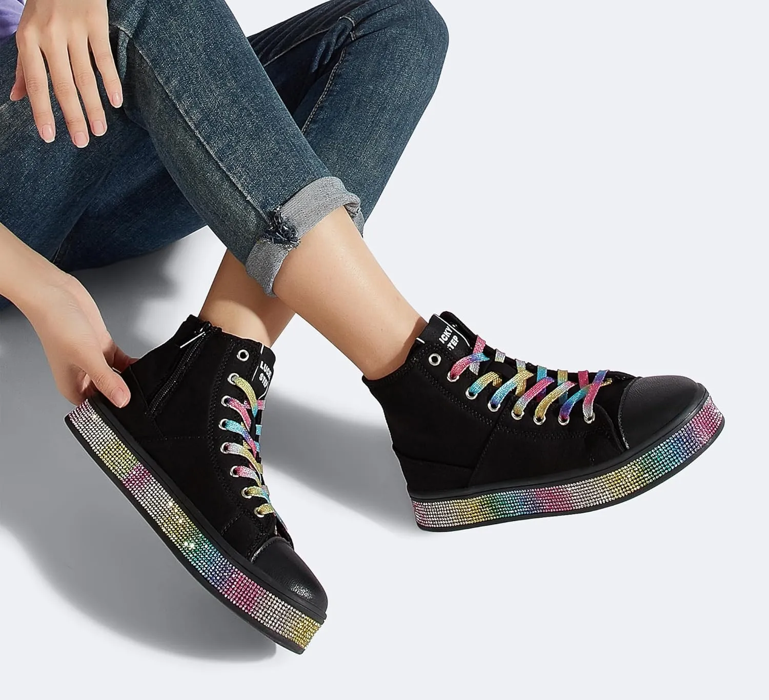 LUCKY STEP Women's High Top Canvas Sneakers Rhinestone Side Zipper Shoes Fashion Sneaker Casual Platform Ankle Boots Walking Canvas Shoes