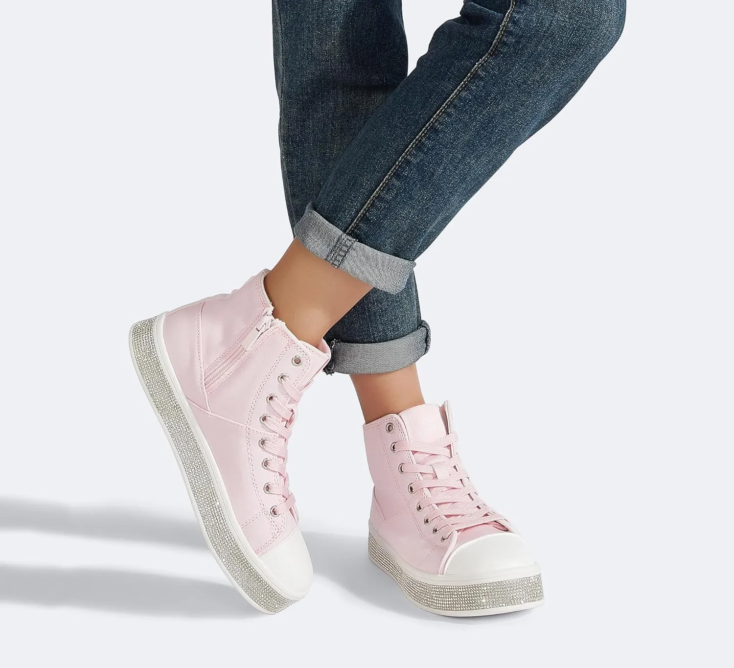 LUCKY STEP Women's High Top Canvas Sneakers Rhinestone Side Zipper Shoes Fashion Sneaker Casual Platform Ankle Boots Walking Canvas Shoes