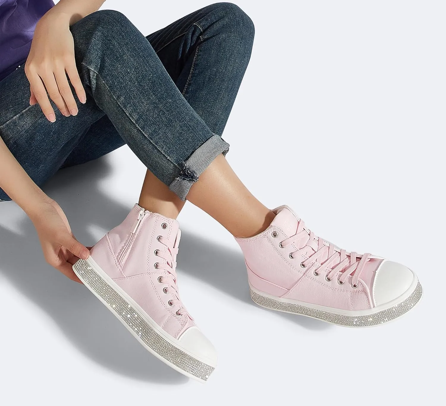 LUCKY STEP Women's High Top Canvas Sneakers Rhinestone Side Zipper Shoes Fashion Sneaker Casual Platform Ankle Boots Walking Canvas Shoes