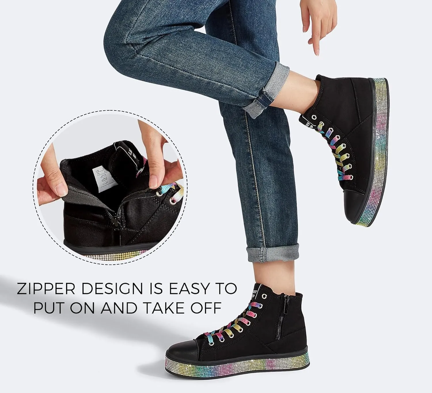 LUCKY STEP Women's High Top Canvas Sneakers Rhinestone Side Zipper Shoes Fashion Sneaker Casual Platform Ankle Boots Walking Canvas Shoes