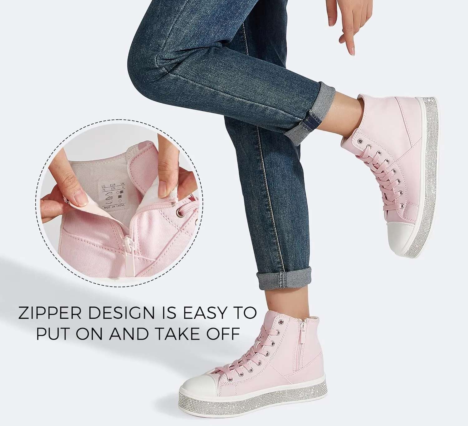 LUCKY STEP Women's High Top Canvas Sneakers Rhinestone Side Zipper Shoes Fashion Sneaker Casual Platform Ankle Boots Walking Canvas Shoes