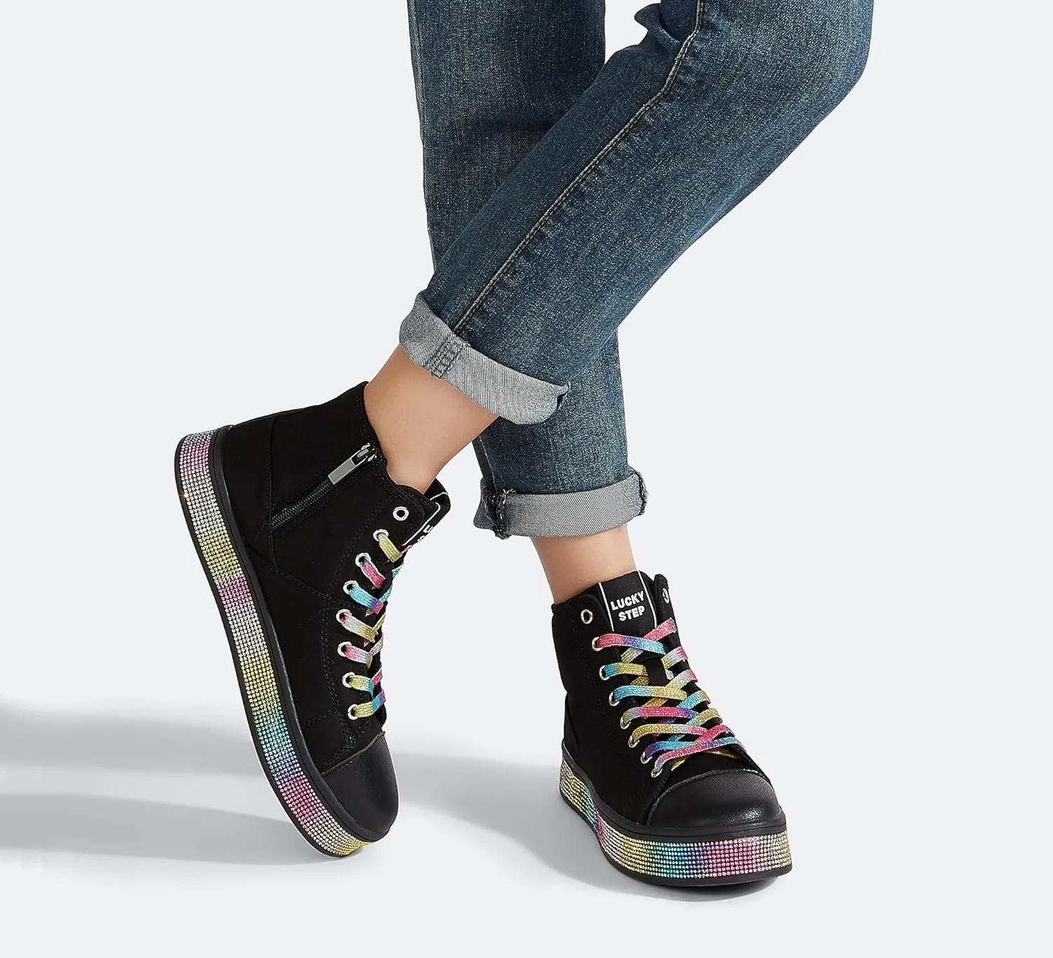 LUCKY STEP Women's High Top Canvas Sneakers Rhinestone Side Zipper Shoes Fashion Sneaker Casual Platform Ankle Boots Walking Canvas Shoes