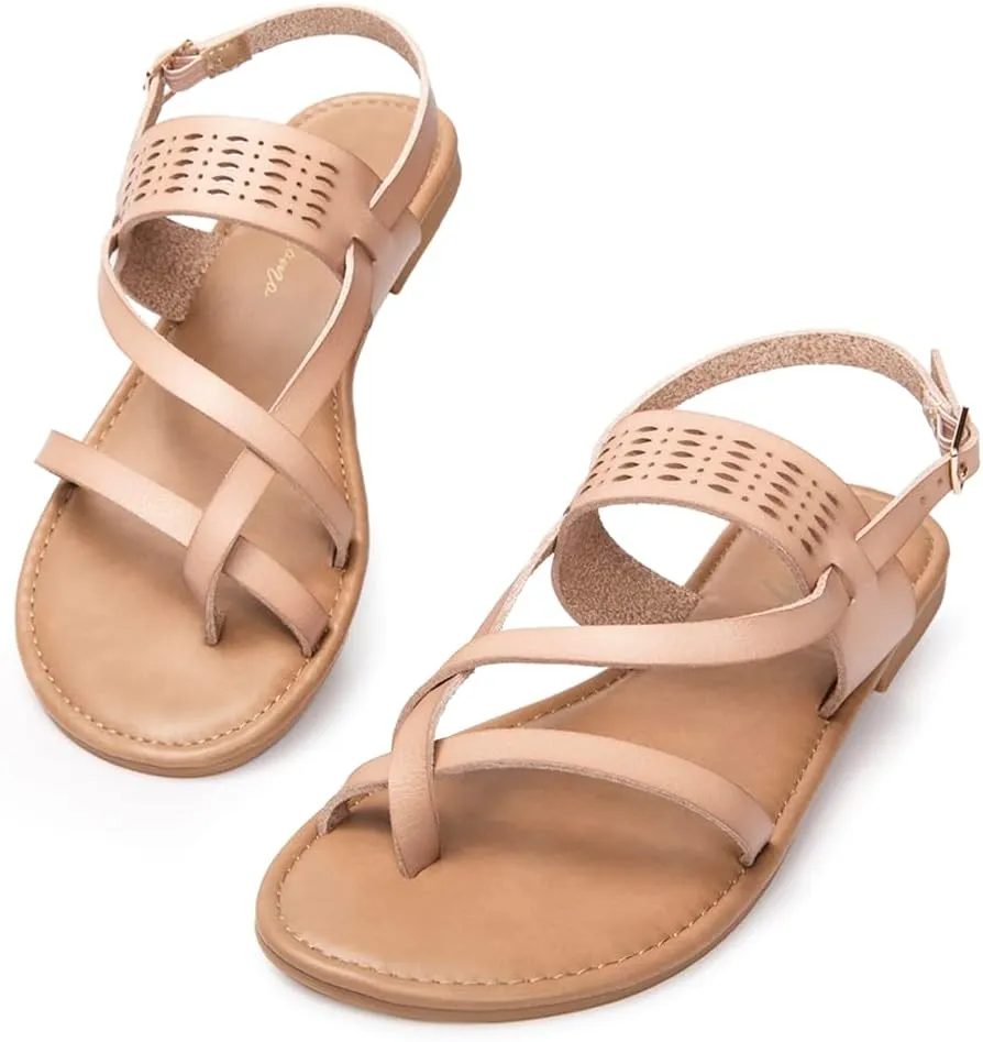 Luffymomo Womens Strappy Flat Sandals Leathe Gladiator Sandals Summer Casual Fisherman Thong