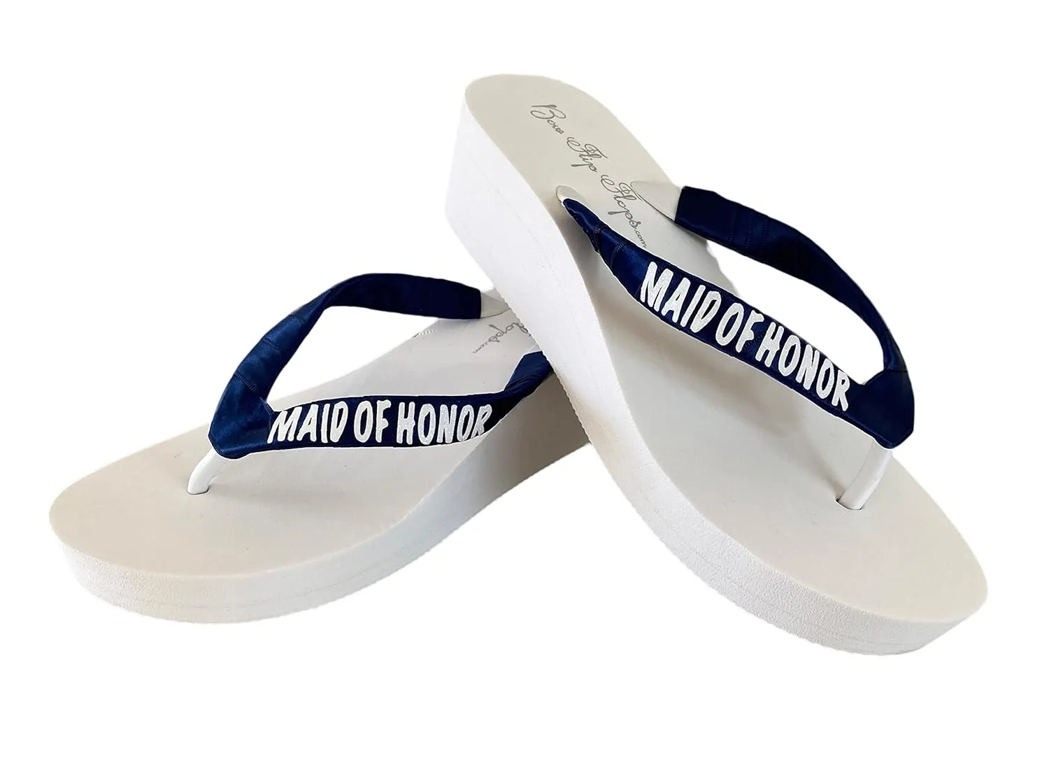 Maid of Honor Flip Flops, Bridal Party Sandals for Bridesmaid, Groom's Mom, Wedding Shoes in Navy and White Glitter
