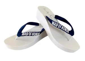 Maid of Honor Flip Flops, Bridal Party Sandals for Bridesmaid, Groom's Mom, Wedding Shoes in Navy and White Glitter