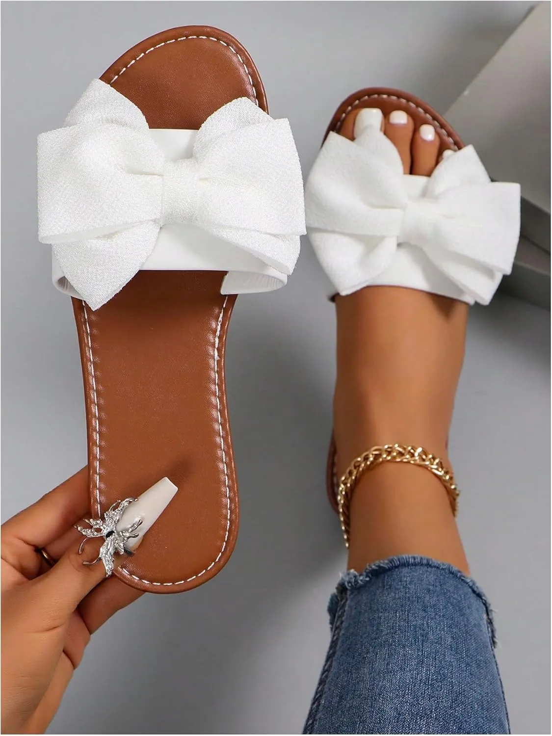 MakeMeChic Women's Bow Sandals Summer Beach Cute Flats Slides Slippers
