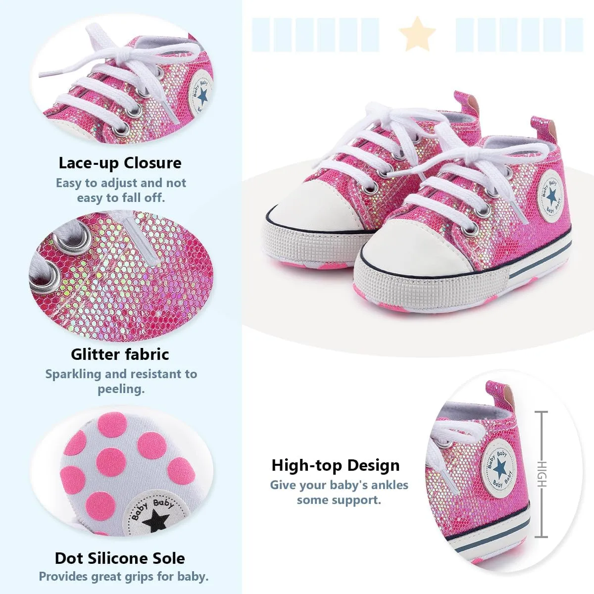 Meckior Baby Girls Boys Canvas Sneakers Soft Sole High-Top Ankle Infant First Walkers Crib Shoes