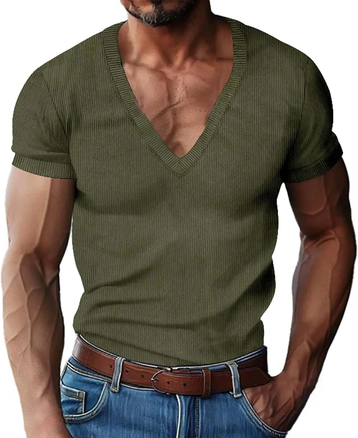 Men's Deep V Neck Muscle T Shirts Summer Ribbed Stretch Gym Workout Tee Shirt Casual Short Sleeve Low Cut Knit Tops