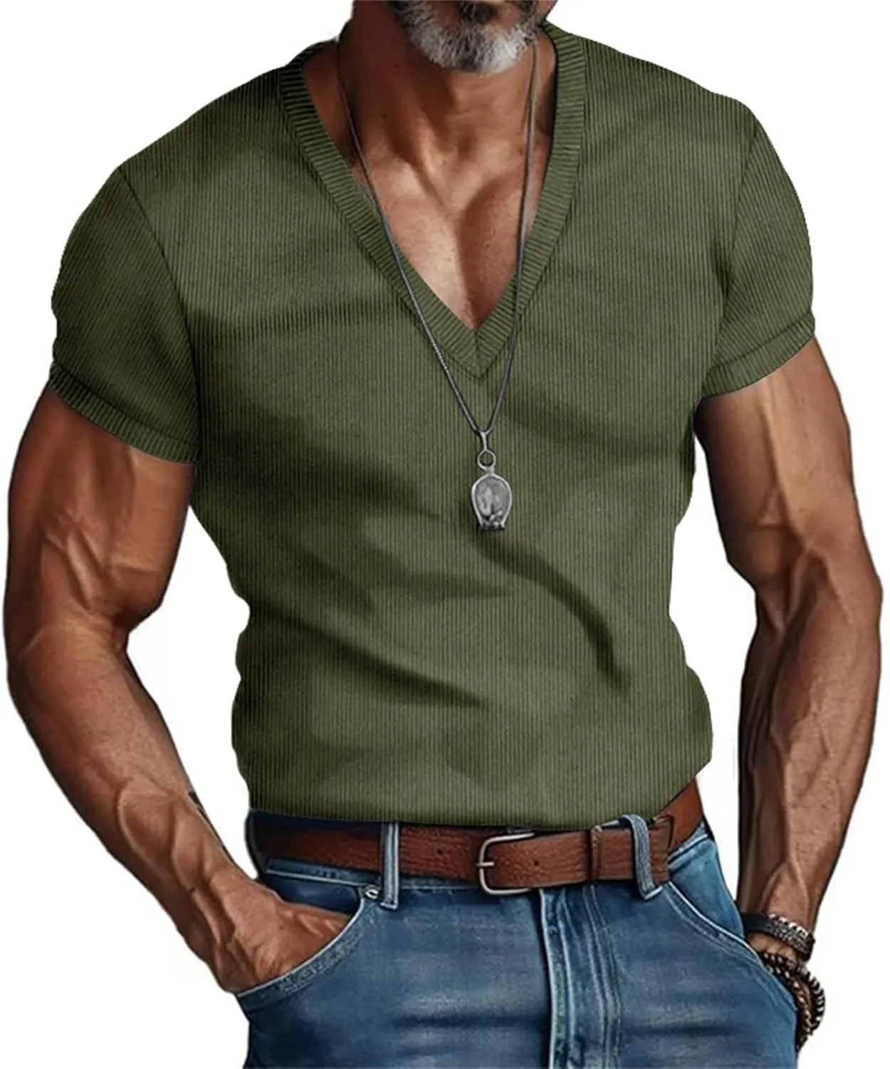 Men's Deep V Neck Muscle T Shirts Summer Ribbed Stretch Gym Workout Tee Shirt Casual Short Sleeve Low Cut Knit Tops