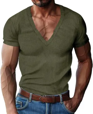 Men's Deep V Neck Muscle T Shirts Summer Ribbed Stretch Gym Workout Tee Shirt Casual Short Sleeve Low Cut Knit Tops