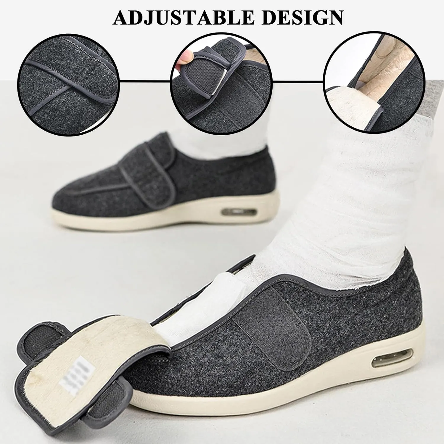 Mens Diabetic Walking Shoes Adjustable, Mens Warm Plush Shoes Comfortable Breathable Extra Wide Slippers Elderly Edema Shoes for Swollen Feet Orthopedic