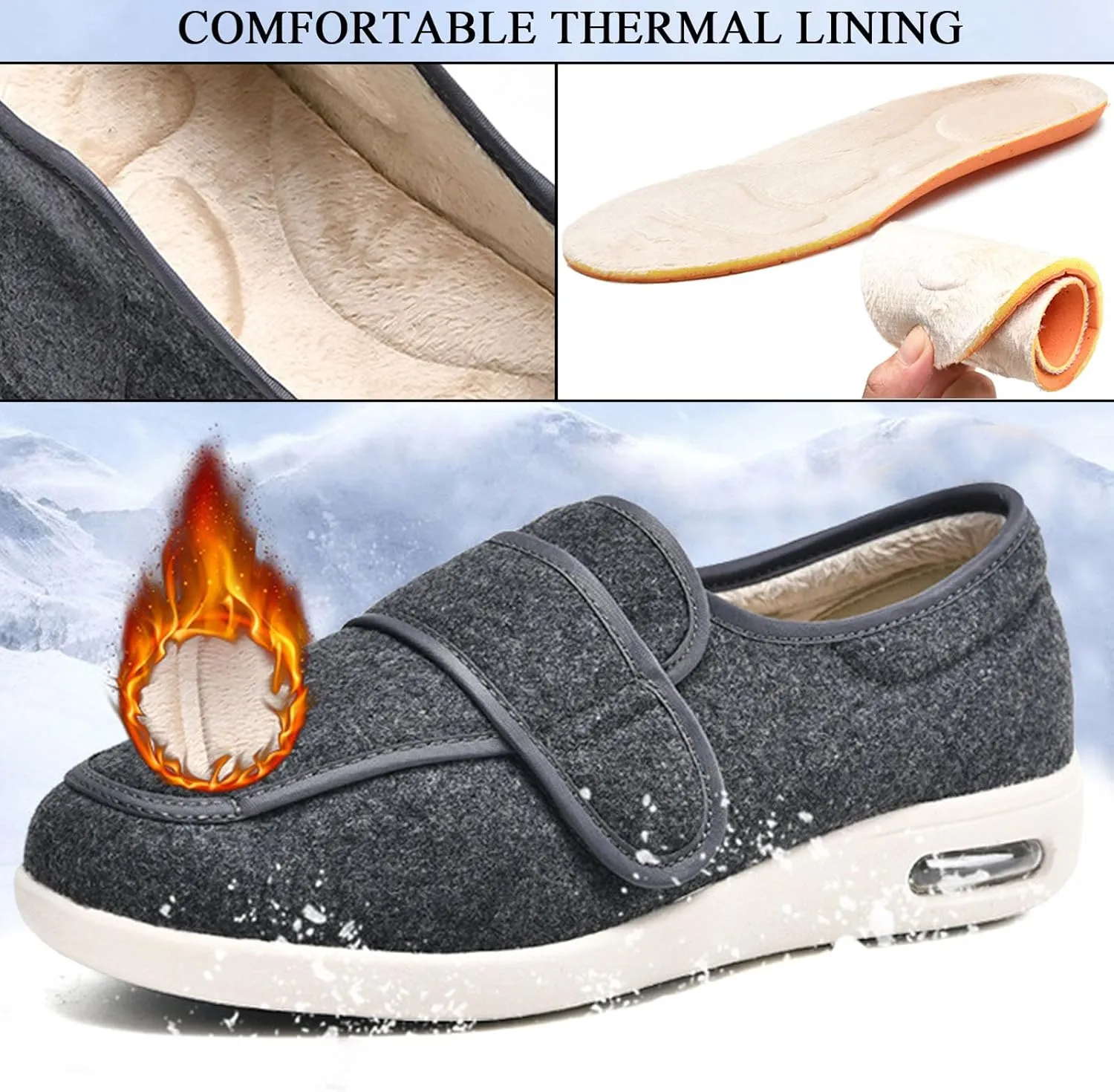 Mens Diabetic Walking Shoes Adjustable, Mens Warm Plush Shoes Comfortable Breathable Extra Wide Slippers Elderly Edema Shoes for Swollen Feet Orthopedic